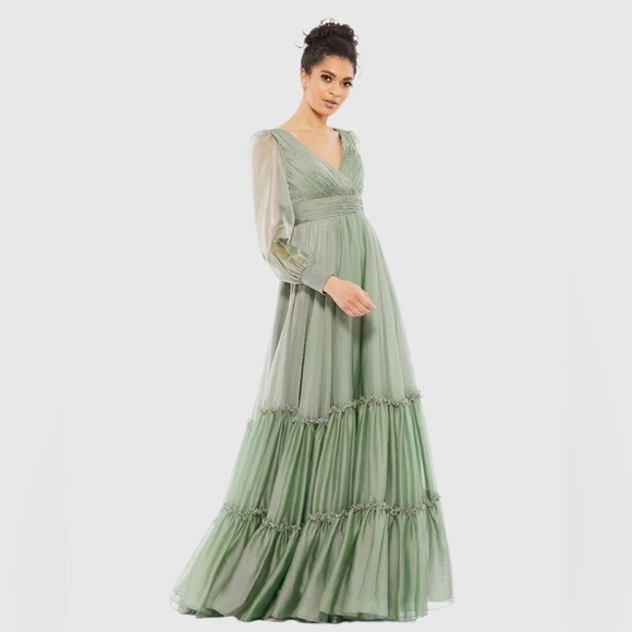 MAC DUGGALFaux Wrap Illusion Bishop Sleeve Tiered Gown